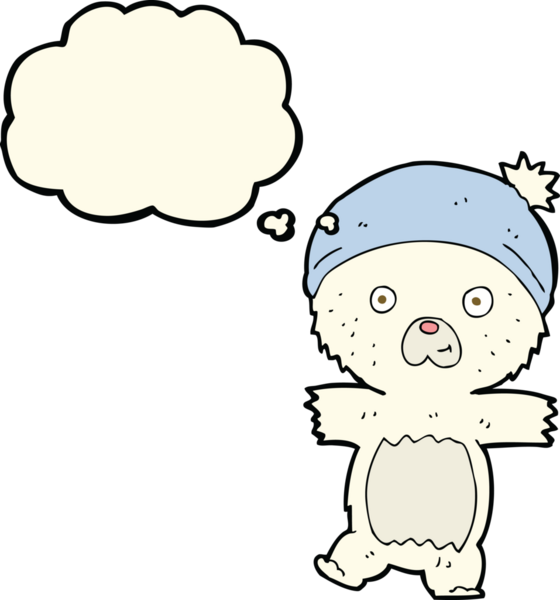 Bir insan tarafından çizilmiş düşünce baloncuklu şirin kutup ayısı.