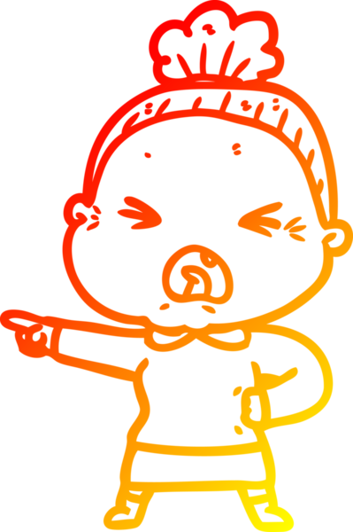 Bir insan tarafından çizilmiş kızgın yaşlı bir kadının sıcak çizgi çizimi.