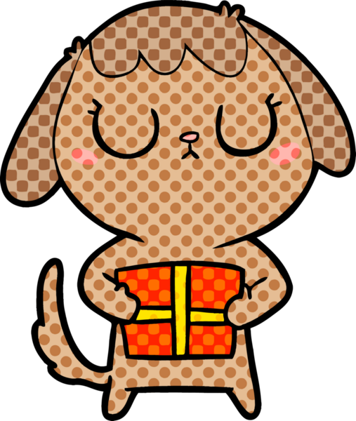 Bir insan tarafından çizilmiş Noel hediyesi olan sevimli bir çizgi film köpeği.