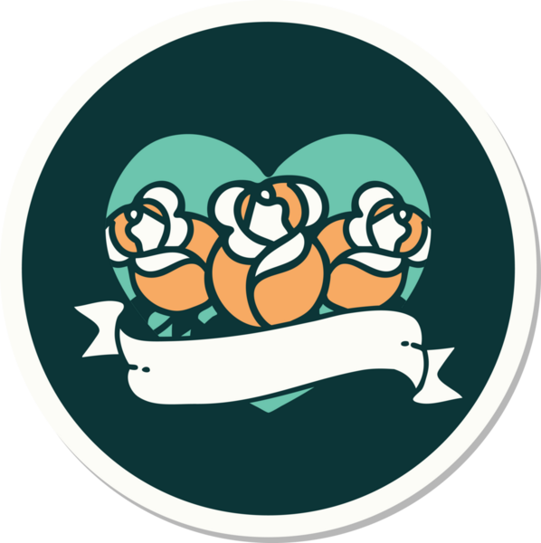 Geleneksel kalp stili dövme çıkartması ve bir insan tarafından çizilmiş çiçekli pankart.