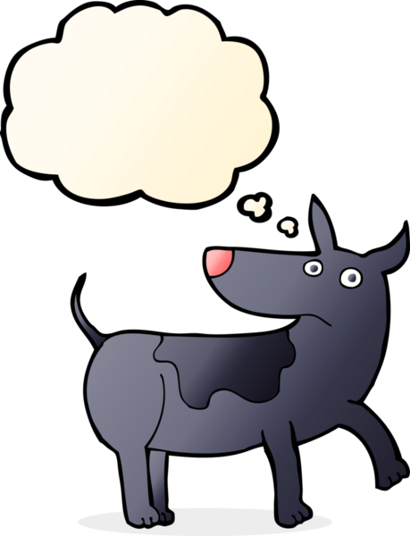 Bir insan tarafından çizilmiş düşünce balonlu komik çizgi film köpeği.