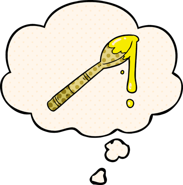 Bir insan tarafından çizilmiş çizgi roman tarzında ballı bir kaşık dolusu bal.