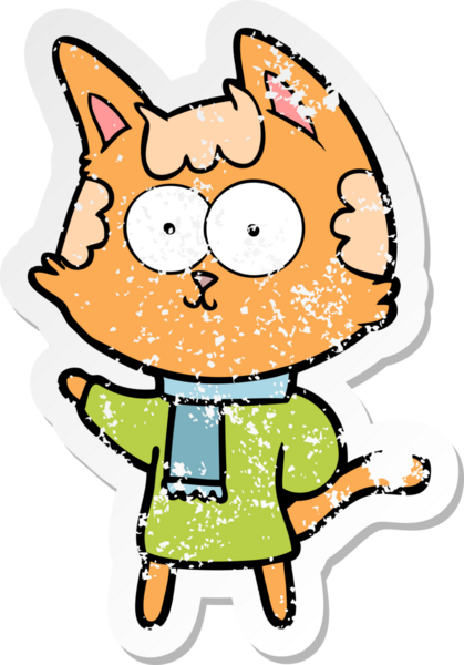 distressed sticker of a happy cartoon cat in winter clothes drawn by a human