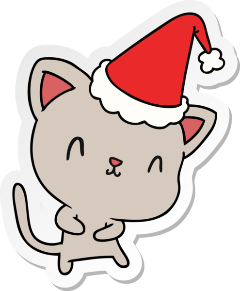 Bir insan tarafından çizilmiş kawaii kedisinin el çizimi Noel çıkartması.