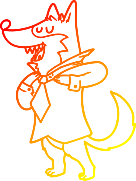 warm gradient line drawing of a cartoon office wolf getting dressed drawn by a human