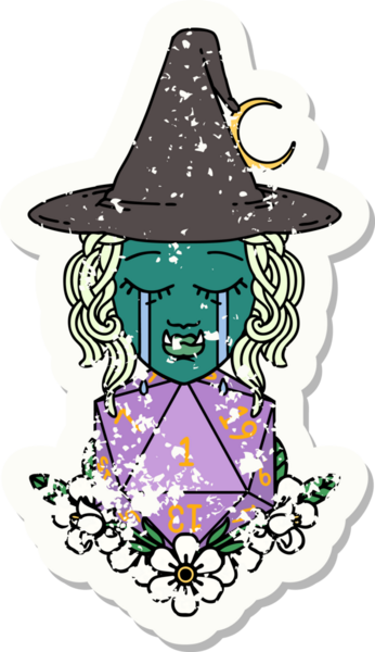 Retro Dövme Tarzı Ağlayan Yarı Ork Cadısı Bir D20 zar bir insan tarafından çizilmiş