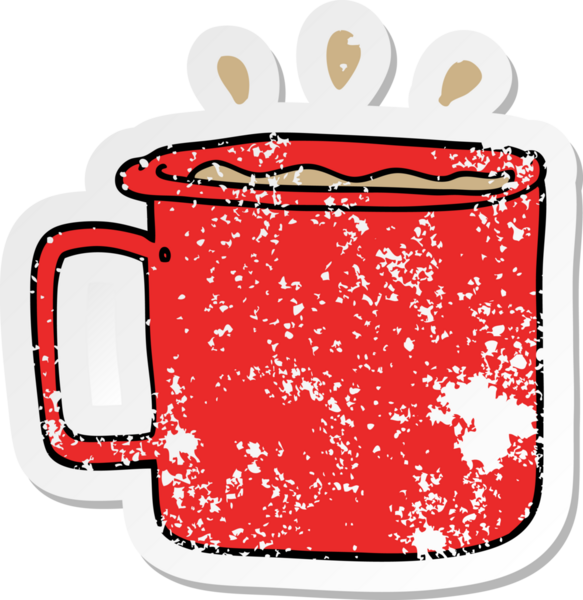 Bir insan tarafından çizilmiş karikatür kamp kahvesi etiketi.