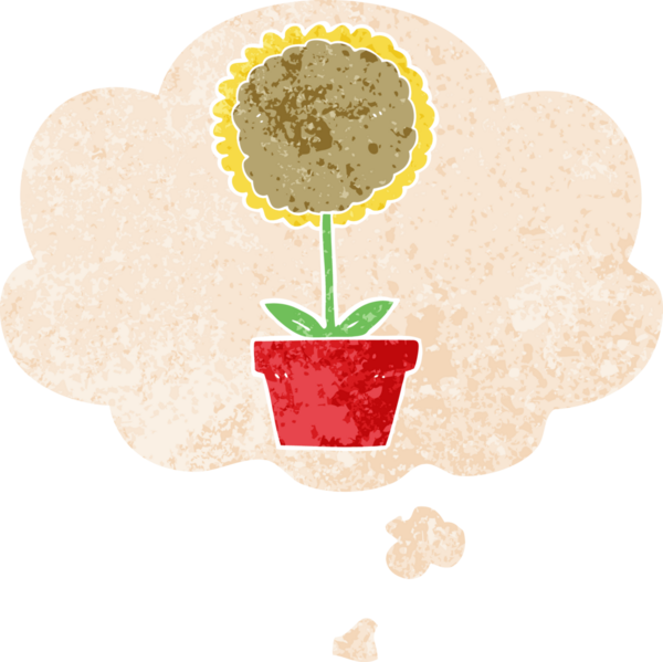 Düşünce baloncuğu ve grunge ile sevimli karikatür çiçek bir insan tarafından çizilmiş sıkıntılı retro doku