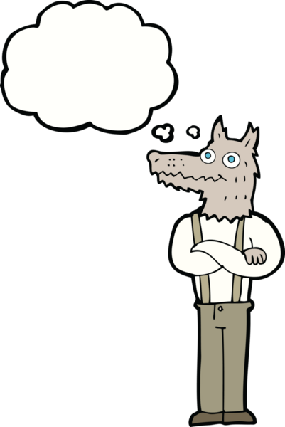 Bir insan tarafından çizilmiş düşünce balonu olan komik bir kurt adam.