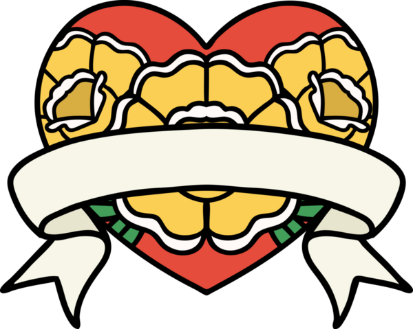 Geleneksel kalp şeklinde dövme ve bir insan tarafından çizilmiş çiçekli pankart.