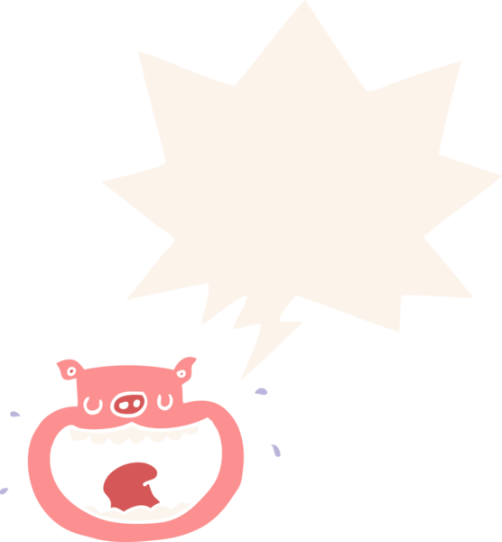 Bir insan tarafından çizilmiş, retro tarzı konuşma baloncuğu olan iğrenç bir domuz.