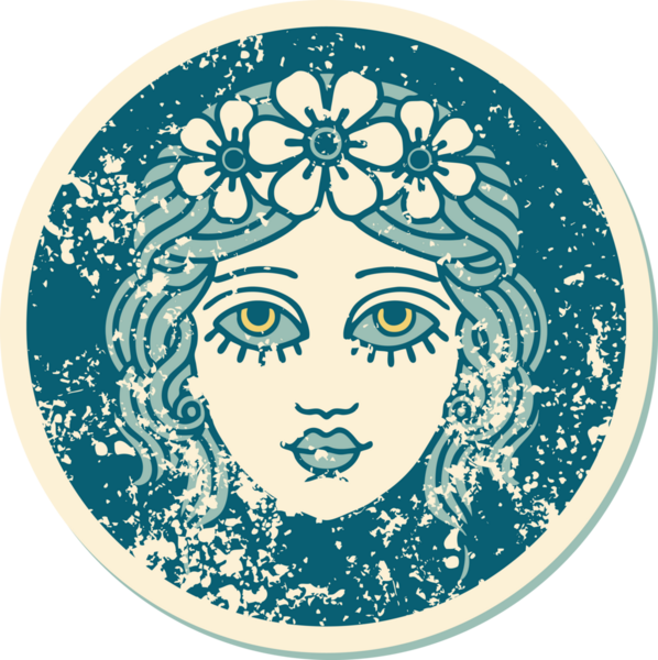Bir insan tarafından çizilmiş çiçek desenli kadın yüzünün sembolik dövmesi.