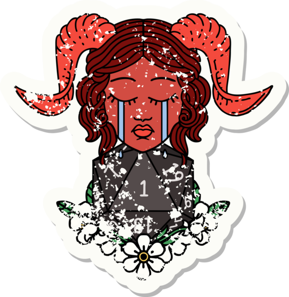 Ağlayan kiremitli bir karakterin grunge çıkartması. Bir insan tarafından çizilmiş doğal bir D20 zarlı.