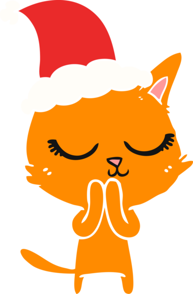 Sakin bir el çizimi, bir insan tarafından çizilmiş Noel Baba şapkası takan bir kedinin düz renk çizimi