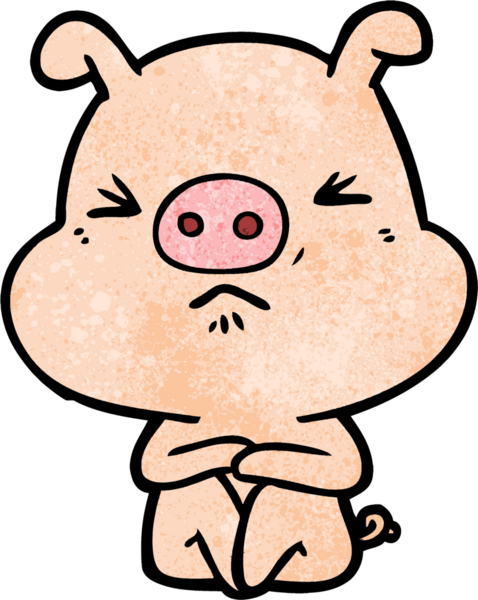 Bir insan tarafından çizilmiş kızgın bir domuz oturmuş bekliyor.