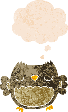 Bir insan tarafından çizilmiş grunge sıkıntılı retro biçimli düşünce baloncuğu ile sevimli çizgi film baykuşu