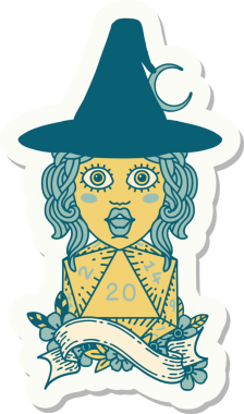 Bir insan büyücüsünün çıkartması. Bir insan tarafından çizilmiş 20 D20 zarlı.