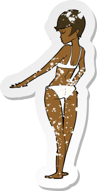 Bir insan tarafından çizilmiş bikinili bir karikatür kadının gerilmiş çıkartması.