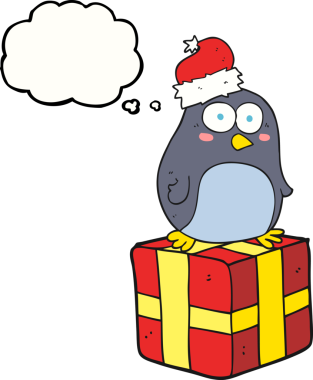 Bir insan tarafından çizilmiş serbest çizim balon karikatür noel pengueni.
