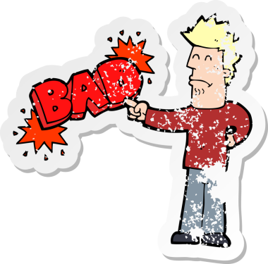 Bir insan tarafından çizilen kötü şeylere dikkat çeken bir çizgi film karakterinin gerilimli retro yapıştırması.