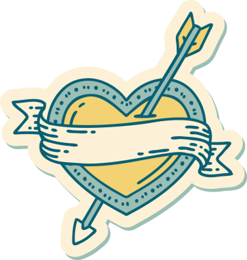 Bir insan tarafından çizilmiş ok kalp ve pankartın geleneksel stiliyle dövme çıkartması.