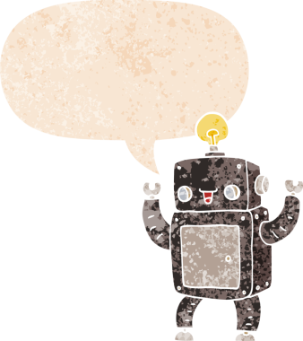 çizgi film mutlu robot konuşma balonu ile grunge sıkıntılı retro dokuma bir insan tarafından çizilmiş