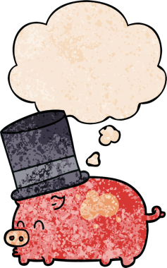 Düşünce baloncuklu silindir şapkalı bir domuz insan tarafından çizilmiş grunge desenli.