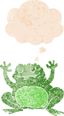 Düşünce baloncuğu ile çizgi film kurbağası grunge sıkıntılı retro dokuma tarzı bir insan tarafından çizilmiş