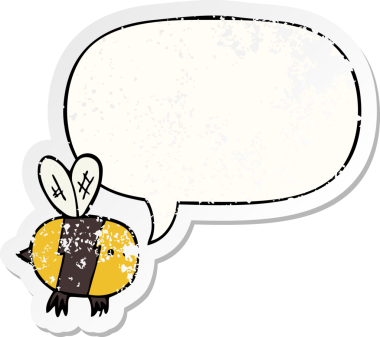 Konuşma baloncuğu olan çizgi film arısı bir insan tarafından çizilmiş sıkıntılı eski bir çıkartma