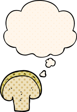 Çizgi roman tarzında bir insan tarafından çizilmiş düşünce baloncuklu mantar dilimi.