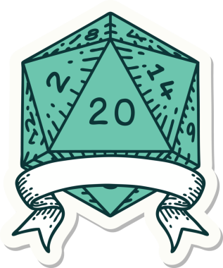 Bir insan tarafından çizilmiş 20 kritik vuruşluk D20 zar etiketi.