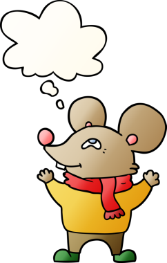 Bir insan tarafından çizilmiş yumuşak eğimli düşünce baloncuklu eşarp takan çizgi film faresi