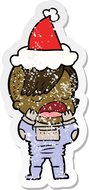 Uzay elbisesi giymiş havalı bir hippi kızın Noel Baba şapkası taktığı bir el yazısı karikatürü.