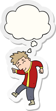 Düşünce baloncuğu olan çizgi film dansçısı bir insan tarafından çizilmiş çıkartma.