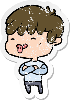 Bir insan tarafından çizilmiş dili çıkmış bir çizgi film çocuğunun sıkıntılı çıkartması.