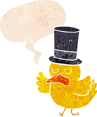 Çizgi film ördeği silindir şapka takıyor ve grunge 'da konuşma baloncuğu var. Bir insan tarafından çizilmiş desenli.