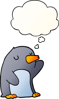 Düşünce baloncuğu olan karikatür pengueni bir insan tarafından çizilmiş.