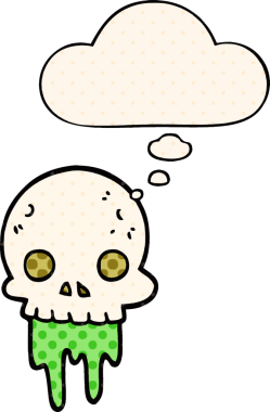 Çizgi roman tarzında bir insan tarafından çizilmiş düşünce baloncuklu cadılar bayramı kafatası.