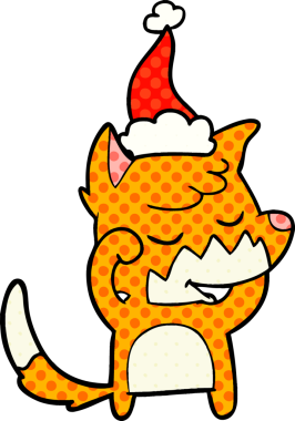 Dost canlısı el çizimi çizgi roman tarzı bir tilki uyandığında bir insan tarafından çizilmiş Noel Baba şapkası