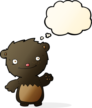 Bir insan tarafından çizilmiş düşünce baloncuğu ile siyah ayı yavrusunu sallayan çizgi film.