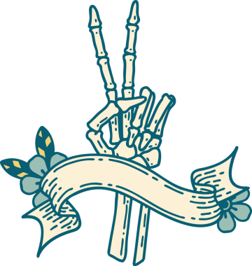 İskelet dövmeli geleneksel dövme. Bir insan tarafından çizilmiş barış işareti.