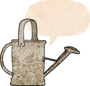 Bir insan tarafından çizilmiş grunge sıkıntılı retro tarzı konuşma baloncuğu ile çizgi film sulama tenekesi