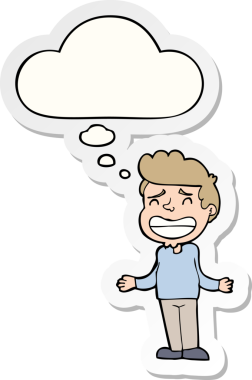 Çizgi filmci çocuk bir insan tarafından çizilmiş bir çıkartma gibi düşünce balonuyla omuz silkiyor.