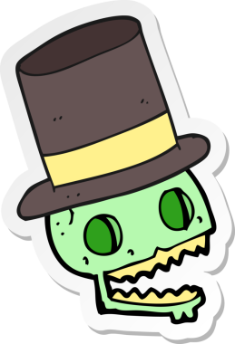 Bir insan tarafından çizilmiş silindir şapkalı gülen kafatası çıkartması.