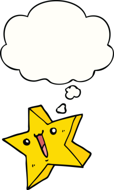 Bir insan tarafından çizilmiş düşünce baloncuklu mutlu bir yıldız.