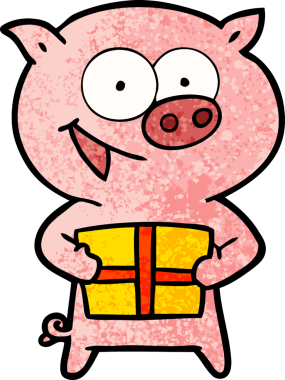 Bir insan tarafından çizilmiş Noel hediyeli neşeli bir domuz.