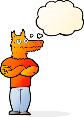 Bir insan tarafından çizilmiş düşünce balonlu tilki adam.