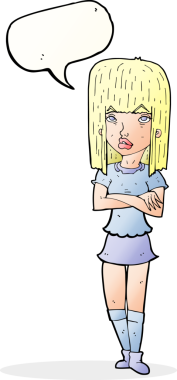 Bir insan tarafından çizilmiş konuşma balonuyla çapraz kollu çizgi film kızı.