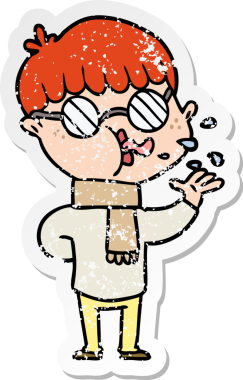 Bir insan tarafından çizilmiş gözlük takan çizgi film karakterinin sıkıntılı çıkartması.