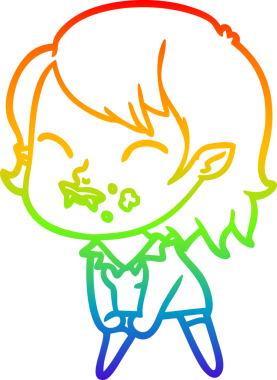 Gökkuşağı gradyan çizgisi. Bir insan tarafından çizilmiş yanağında kan olan vampir bir kız çizgi filmi.